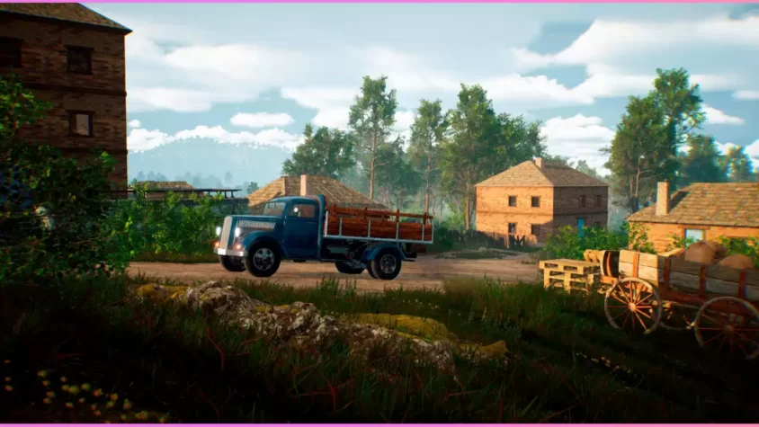 Скриншот из игры World Titans War с деревней, грузовиком и сельскими пейзажами, да, все настолько потрясающе, что это даже странно