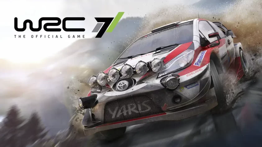Обложка игры WRC 7, с изображением гоночного автомобиля на высокой скорости