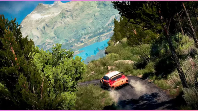 Скриншот из игры WRC 7, автомобиль дымит колесами после старта