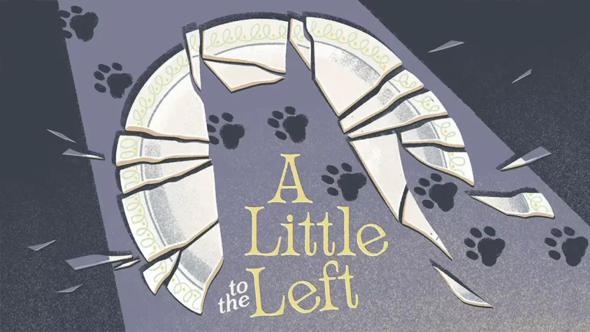 A Little to the Left - Обложка Корковая доска с разбитым предметом и следами кошачьих лап