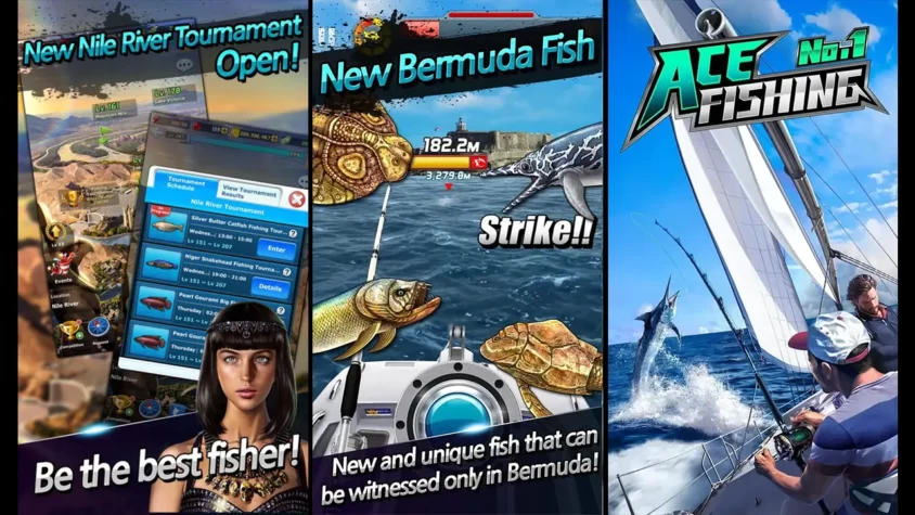 В игре Ace Fishing: Wild Catch показан момент ловли рыбы на Бермудских островах