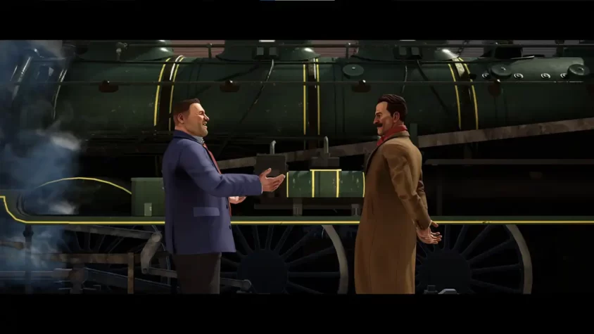 Персонажи игры на фоне поезда с претензией на драматизм