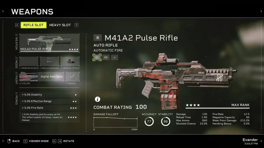 М16A2 Pulse Rifle с модификациями и улучшениями, показывающий перки и статы оружия