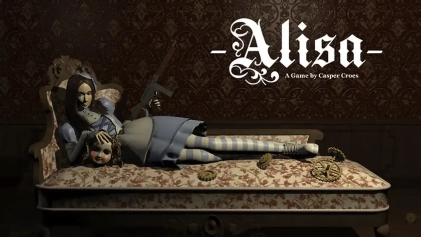 Alisa - Обложка игры Обложка игры Alisa, где изображена девушка с оружием, лежащая на кровати с механическими деталями вокруг