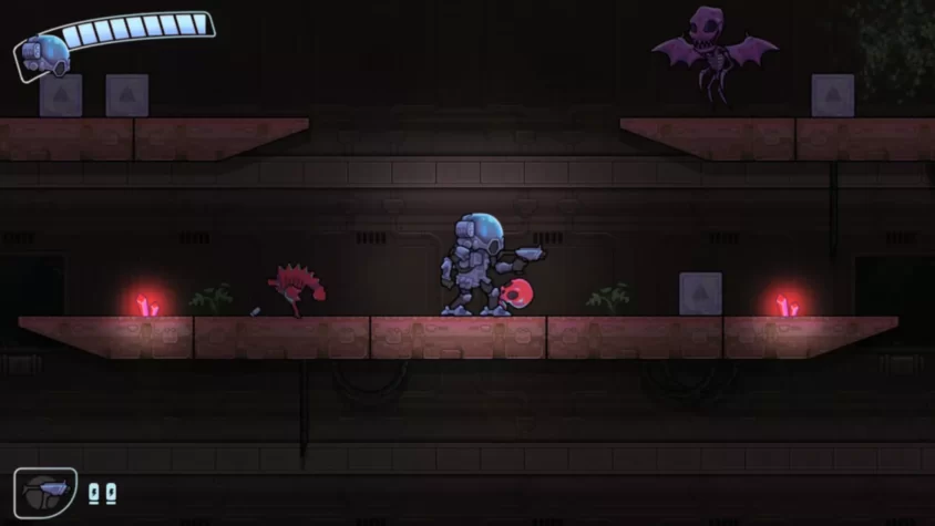 Геймплей из игры 'Alone on Mars', космонавт сражается с новыми врагами, включая летучего скелета