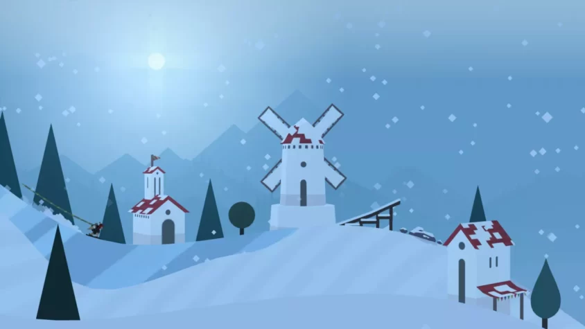 Заснеженные дома и мельница в игре Alto’s Adventure