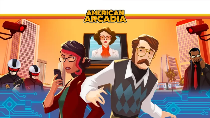 American Arcadia: обложка игры Обложка игры American Arcadia с элементами ретро-футуризма и главными героями на фоне городского пейзажа
