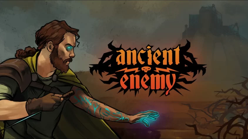 Ancient Enemy - Обложка Обложка игры, где главный герой с мистическим светом в глазах и магическим руническим рисунком на руке сражается с темными силами