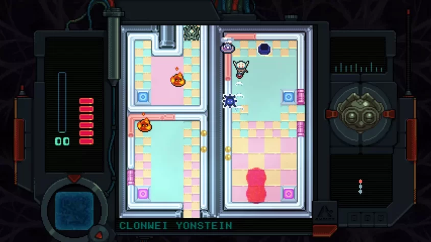 Персонаж в мини-игре с ярким интерфейсом в Anodyne 2