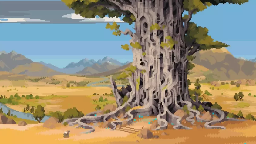 Скрин из игры Arco, гигантское дерево на фоне пустыни