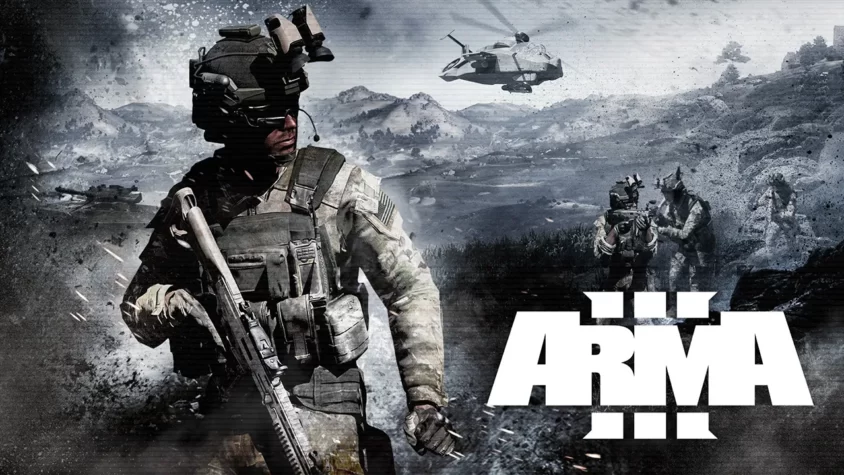Обложка игры Arma 3, где изображены солдаты и техника