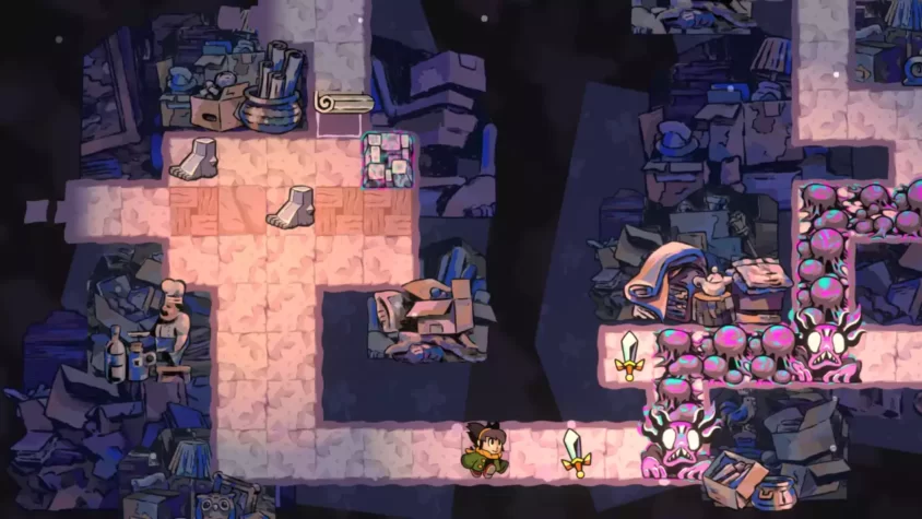 Геймплей игры Arranger: A Role-Puzzling Adventure — исследование разрушенных зданий