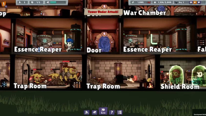 Башня под атакой, с различными комнатами, включая Trap Room