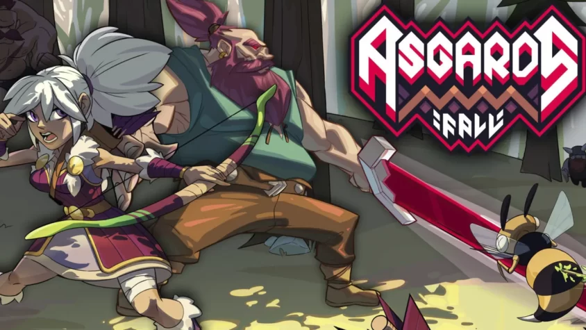 Обложка игры Asgard's Fall, где персонажи сражаются в лесу с большой силой