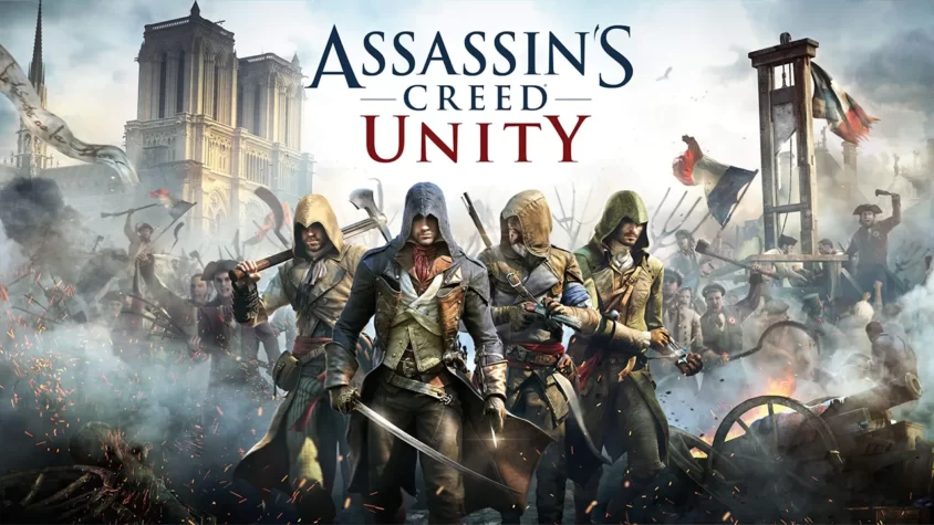 Обложка игры Assassin's Creed Unity с персонажами и историческими событиями на фоне