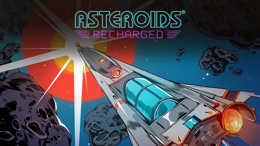 Обложка игры Asteroids: Recharged — космический корабль летит сквозь астероиды
