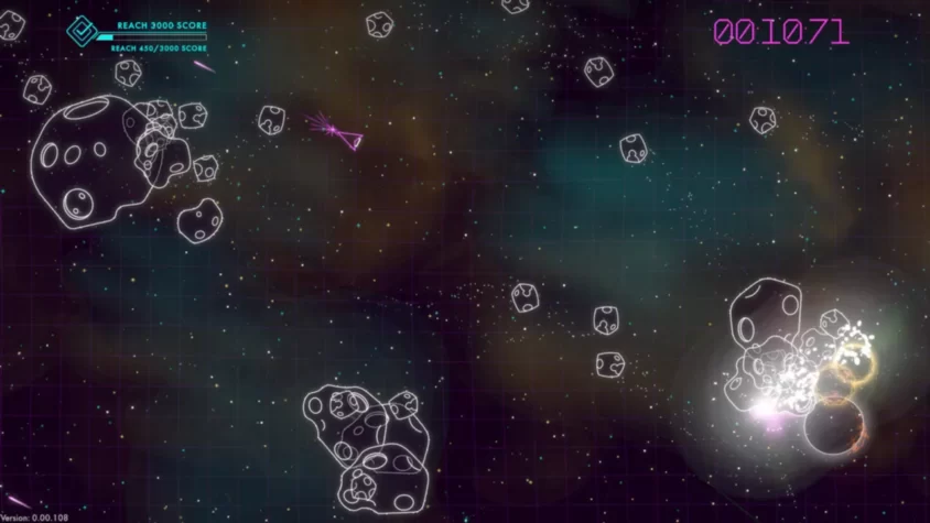 Игровой процесс в Asteroids: Recharged — космический корабль сталкивается с астероидом