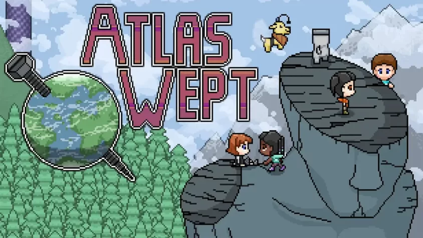 Atlas Wept: Обложка игры Обложка игры Atlas Wept с персонажами и картой в пиксельном стиле