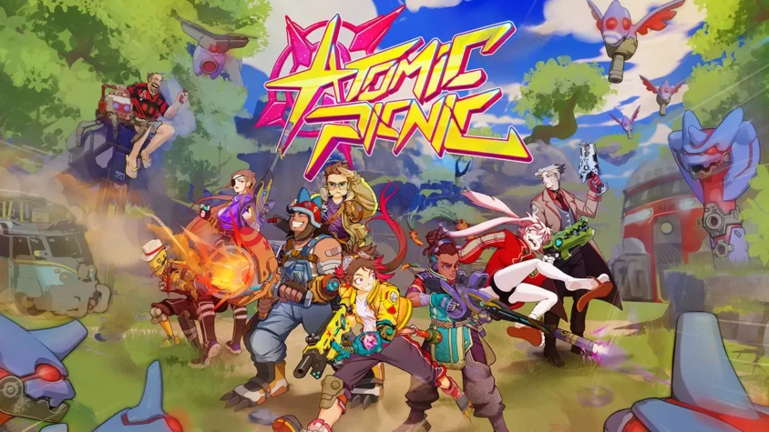 Обложка игры Atomic Picnic, где персонажи с яркими пушками и чудовища на фоне природы