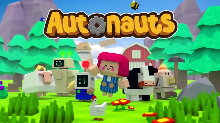 Обложка игры Autonauts, с забавной компанией роботов и животных в мире, полном возможностей для автоматизации