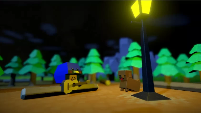 Персонаж с гитарой и собака на фоне леса и уличного фонаря в игре Autonauts