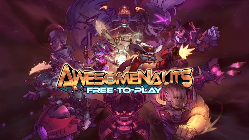 Awesomenauts – Безумные битвы и яркие персонажи Обложка игры Awesomenauts с героями в боевых позах, стреляющими и используя свои уникальные способности