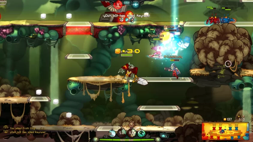 Персонажи игры Awesomenauts сражаются на платформе, стреляя и используя способности