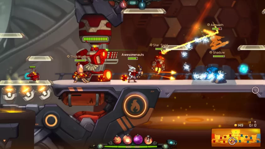 Персонажи игры Awesomenauts сражаются на платформе, используя оружие и способности, в фоне видны роботы