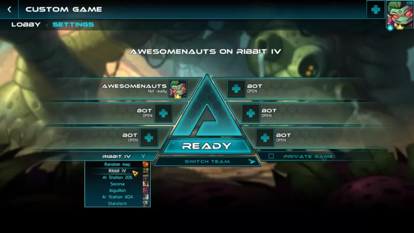 Меню настройки кастомной игры Awesomenauts с выбором карт и команд