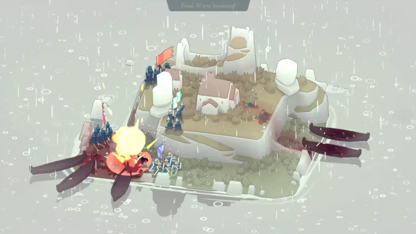 Изометрический вид на остров в Bad North, где армия уже на позиции и корабли враждебных сил приближаются