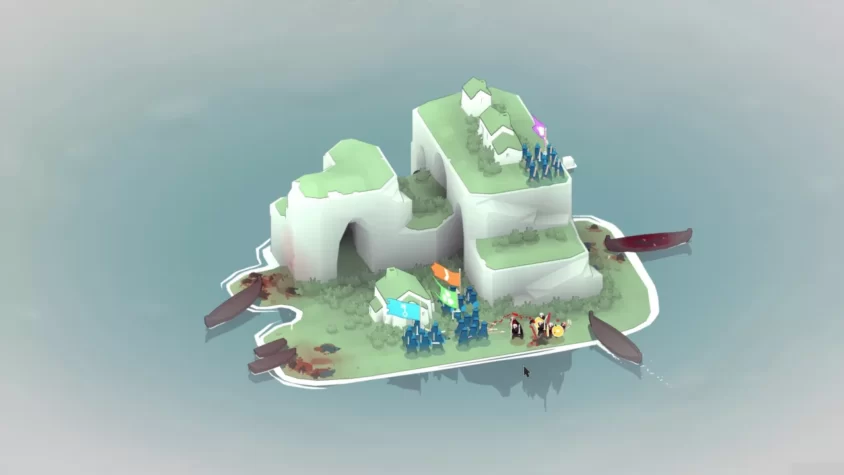 Сражение в снежную погоду на острове в Bad North, где происходят массовые разрушения