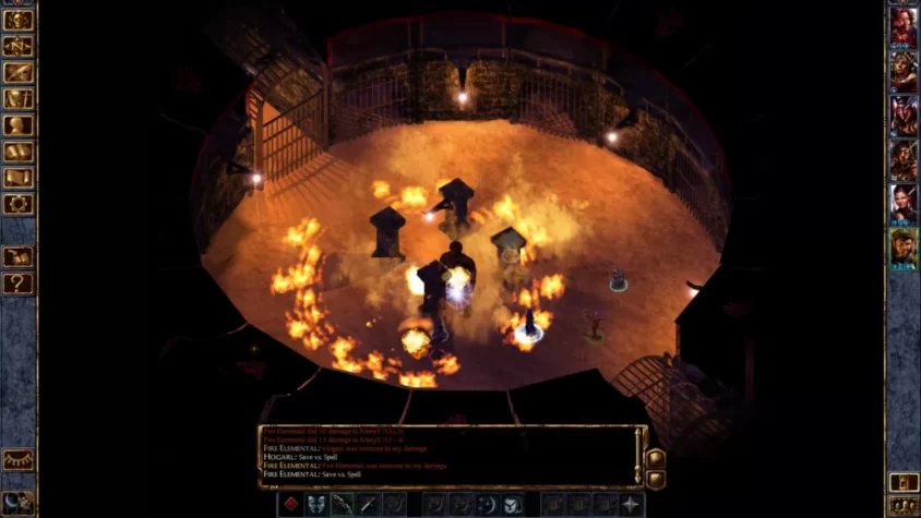 Бой в темной арене с огненными элементалями в игре Baldur's Gate