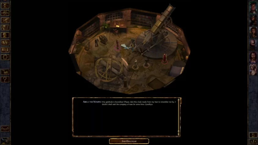 Сцена в обсерватории с диалогом с Абелой, нимерой в игре Baldur's Gate