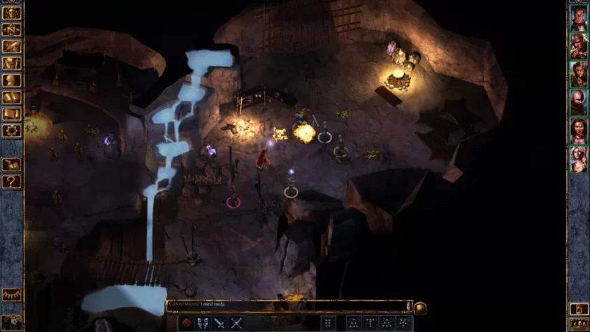Бой в подземелье с орками и магическими атаками в игре Baldur's Gate