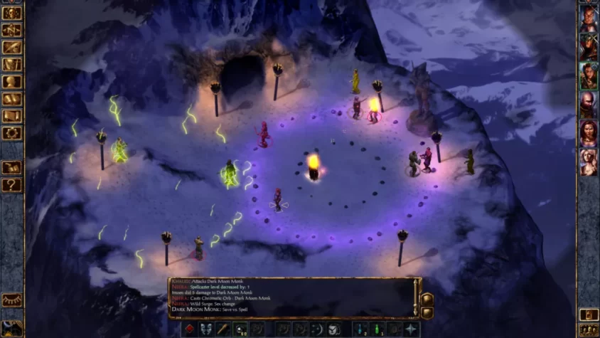 Магический бой на снегу с монахами в игре Baldur's Gate