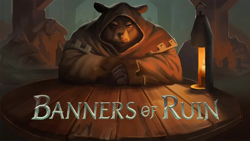 Обложка игры Banners of Ruin с медведем, сидящим за столом и поглощённым своими мыслями