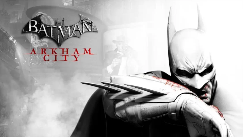 Batman: Arkham City - Обложка игры Обложка игры с изображением Бэтмена на фоне города Аркхэм