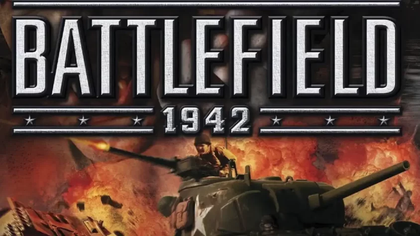 Обложка Battlefield 1942 с изображением солдата на танке на фоне взрывов