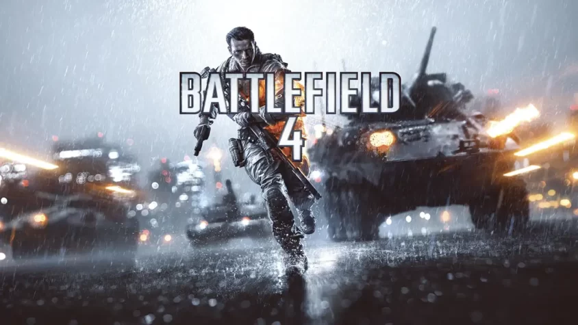 Battlefield 4: обложка Обложка игры, солдат на фоне разрушений и танка в дождливую ночь