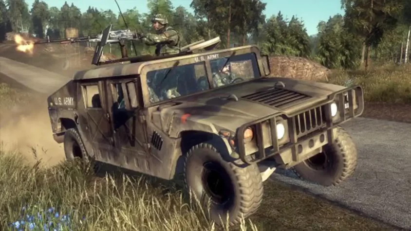 Внедорожник с пулемётом на ходу в игре Battlefield: Bad Company