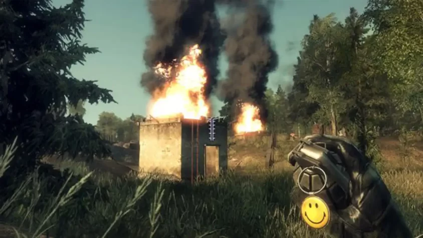 Граната с улыбающимся значком, взрыв и разрушенная постройка в Battlefield: Bad Company