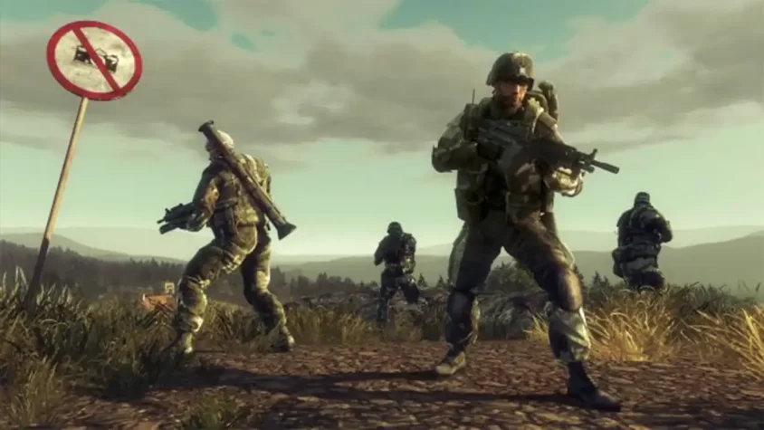 Группа солдат на фоне таблички с запрещением на автомобиле в Battlefield: Bad Company