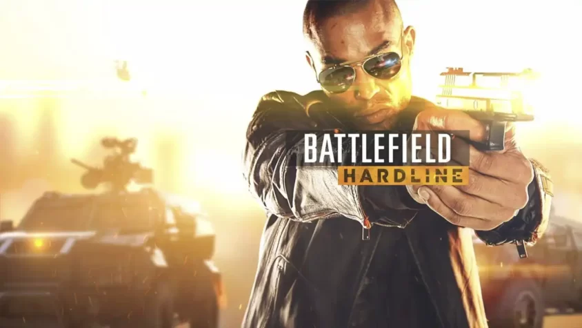 Обложка Battlefield Hardline Главный персонаж игры на фоне взрывов и боевых действий