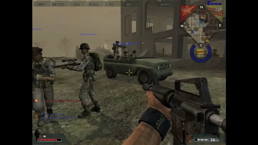 Игра Battlefield: Vietnam - солдат с оружием и в окружении техники