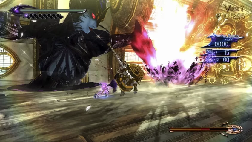 Кульминационный момент сражения с огромным монстром в Bayonetta 2