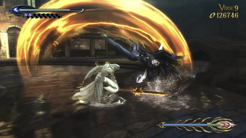 Bayonetta против гигантского дракона в разрушенном городе