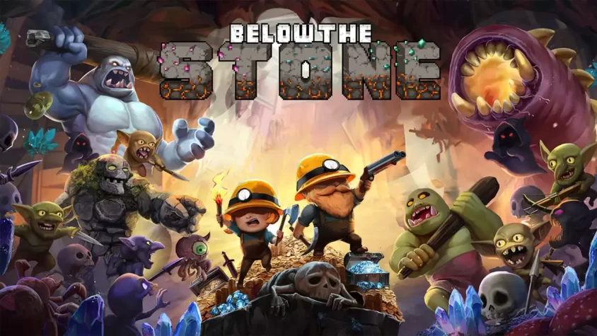 Обложка игры Below the Stone с забавными шахтерами и монстрами, которые ждут вашего внимания