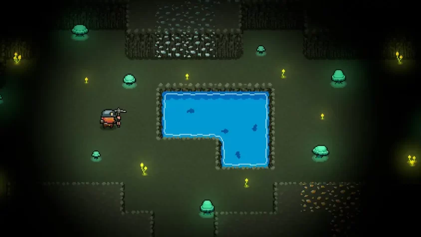 Первый кадр игры Below the Stone, показывающий исследование подземелья с шахтером и водой в центре