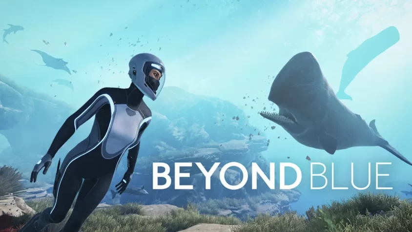 Beyond Blue Главный персонаж игры в скафандре, окружённый морскими существами