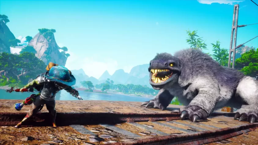 Герой готовится к бою с огромным монстром в мире Biomutant